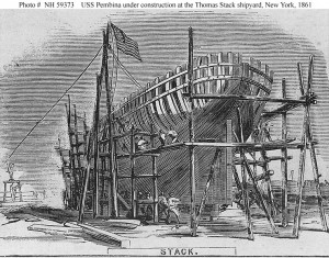USS Pembina (1861-1865)  Line engraving published in "Harper's Weekly", July-December 1861, depicting the ship under construction at the Thomas Stack shipyard, New York City. Pembina was launched on 28 August 1861.  U.S. Naval Historical Center Photograph.