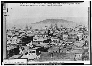 1. San Francisco Chronicle Library Photo Ca. 1860 Rephoto 1938 GENERAL VIEW - MONTGOMERY BLOCK, CENTER - Montgomery Block, 28 Montgomery Street, San Francisco, San Francisco County, CA (LOC: HABS CAL,38-SANFRA,6--1)