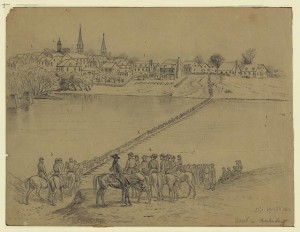 Occupation of Fredericksburg. General McDowell's corps crossing the Rappahannock River on pontoon bridge... (1862 May 5. by Edwin Forbes; LOC: LC-DIG-ppmsca-20489)