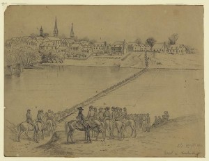 Occupation of Fredericksburg. General McDowell's corps crossing the Rappahannock River on pontoon bridge... (1862 May 5. by Edwin Forbes; LOC: LC-DIG-ppmsca-20489) Occupation of Fredericksburg. General McDowell's corps crossing the Rappahannock River on pontoon bridge... (1862 May 5. by Edwin Forbes; LOC: LC-DIG-ppmsca-20489)