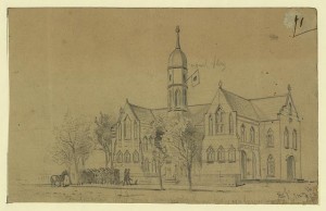 Fredericksburg Court House now occupied by our troops as a barracks and by the [signal corps] (1862 May 15. by Edwin Forbes; LOC: LC-DIG-ppmsca-20490) 