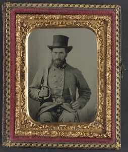 Private Luther Hart Clapp of Company C, 37th Virginia Infantry Regiment, in uniform and two-piece Virginia state seal buckle with Boyle and Gamble sword (between 1861 and 1862; LOC: LC-DIG-ppmsca-32598)