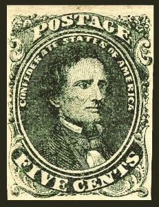 First Confederate Postage stamp, Jefferson Davis, 1861 issue, 5c, green (Smithsonian national Postal Museum)