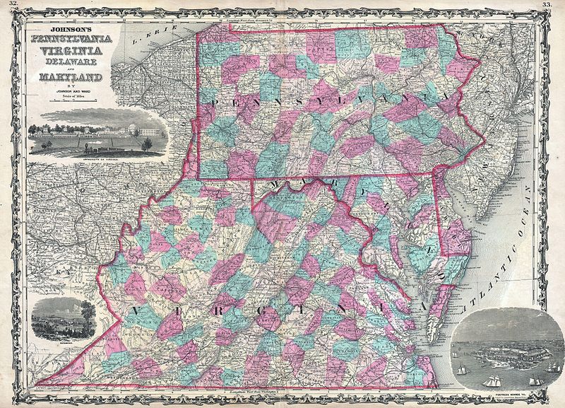 1862_Johnson_Map_of_Virginia,_Maryland,_Delaware_and_Pennsylvania_-_Geographicus_-_VAPAMD-johnson-1862 (Johnson, A. J., Johnson's New Illustrated (Steel Plate) Family Atlas with Descriptions, Geographical, Statistical, and Historical. (1862 A. J. Johnson & Ward edition)
