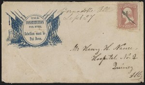 Civil War envelope showing American flags, cannon, and drum with message "The Constitution for ever. Rebellion must be put down" (1862 September; LOC: LC-DIG-ppmsca-31959)