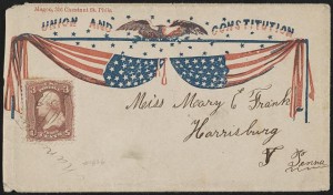Civil War envelope showing American flags with eagle and stars above with message "Union and Constitution" (Phil'a. : Magee, 316 Chestnut Street, (between 1861 and 1865); LOC: LC-DIG-ppmsca-31983)