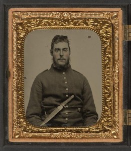 Unidentified soldier in Union uniform with large Bowie knife on belt (between 1861 and 1865; LOC: LC-DIG-ppmsca-36872)