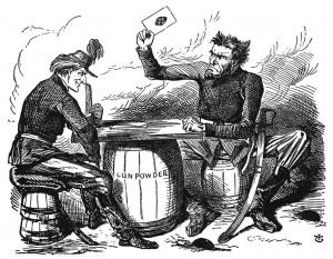 "Abe Lincoln's Last Card; Or, Rouge-et-Noir (Red and Black)"; Punch, Volume 43, October 18, 1862, p. 161.— a cartoon by the Englishman John Tenniel, after the Times insinuated that freeing the slaves was Lincoln's "desperate last-trump card"; Lincoln has the horns of a devil. The cartoon was often reprinted in the Copperhead press.