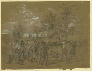 Citizen volunteers assisting the wounded in the field of Battle (by Alfred R. Waud, 1862 September 17; LOC: LC-DIG-ppmsca-21468)