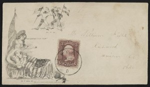 Civil War envelope showing angel holding American flag watching over sleeping children with broken doll on floor; also two boys sparring, one with Union flag and the other with Confederate flag; with messages "As it is," "God watches over them," and "As it will be" (New York : Berlin & Jones, between 1861 and 1865; LOC: LC-DIG-ppmsca-31828)
