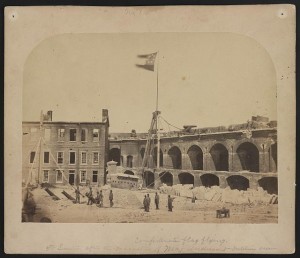 Confederate flag flying. Ft. Sumter after the evacuation of Maj. Anderson - interior view (by Alma A. Pelot, 1861 April 16; LOC: LC-DIG-ppmsca-32284)