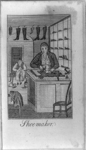 Shoemaker cutting out an upper leather of a shoe and journeyman joining the upper leather to the sole of a shoe(1807; LOC: LC-USZ62-95355 )