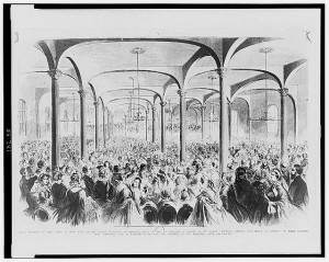 Great meeting of the ladies of New York at the Cooper Institute, on Monday, April 29, 1861, to organize a society to be called "Women's Central Association of Relief," to make clothes, lint bandages, and to furnish nurses for the soldiers of the Northern Army (1958 May 10, [from an engraving done in 1861; LOC: LC-USZ62-132138)
