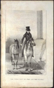 Andrew Jackson, on horseback with another horse in tow, arriving at the White House (1829; LOC: LC-USZC4-6670)