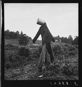 Scarecrow on a newly cleared field with stumps near Roxboro, North Carolina (by Dorthea Lange, U.S. Farm Security Administration/Office of War Information Black & White, 1939 July; LOC: LC-USF34-019983-E)