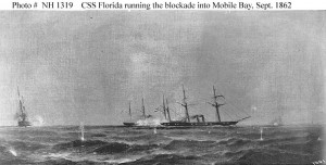 CSS Florida (1862-64)  (19th Century photograph of a painting depicting Florida running past the Federal blockader USS Oneida to escape into Mobile Bay, Alabama, 4 September 1862. On this occasion, Florida also evaded USS Winona and USS Rachael Seaman.  U.S. Naval Historical Center Photograph)