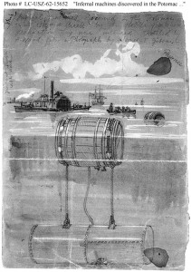 "Infernal machines discovered in the Potomac near Aquia Creek by the flotilla for whose destruction they were intended'"  Sketch by A. Waud from a photograph by James F. Gibson, 1861