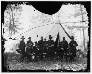 Warrenton, Virginia. Headquarters, Army of the Potomac. Generals, Ambrose E. Burnside, Winfield S. Hancock, Darius N. Couch, Edward Ferrero, Marsena R. Patrick, Orlando B. Willcox, John Cochrane, John Buford and others (1862 Nov; LOC: LC-DIG-cwpb-04384)