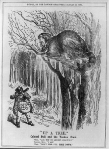 "Up a tree" (Caricature of Abraham Lincoln at tree as racoon threatened by 'Colonel Bull' with gun, Punch, 1-11-1862; LOC: LC-USZ62-48737)