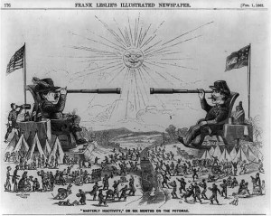 "Masterly inactivity," or six months on the Potomac [caricature of inactivity of Confederate and Union soldiers on both sides of the Potomac River] (rank Leslie's illustrated newspaper, vol. 13 (1862 Feb. 1), p. 176; LOC: LC-USZ62-82807)