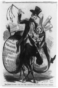 The Famous jackass "New York City" preparing for another two years' journey (Harper's weekly, 1861, p. 104; LOC: LC-USZ62-93741)