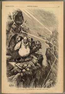A group of vultures waiting for the storm to "Blow Over" - "Let Us Prey" (Thomas nast, Harper's weekly, v. 15, no. 769 (1871 September 23), p. 889; LOC: LC-DIG-ppmsc-05890)