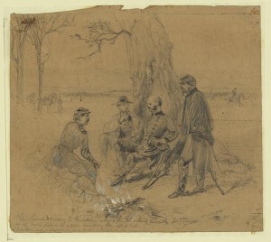 Gen. Burndside [sic] visiting Gn. Franklin giving him the order to evacuate his position-on the battlefield on the right, Sunday Eve., all at rest (by Arthur Lumley, 1862 ca. December 14; LOC: LC-DIG-ppmsca-20776 )