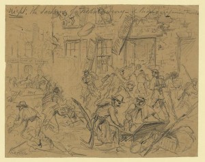 Night. The sacking of Fredericksburg-- & biovace[sic]of Union troops (by Arthur Lumley, 1862 December 12; LOC: LC-DIG-ppmsca-20787)
