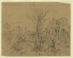 Halt of Wilcox's Troops in Caroline street prevous[sic] to going in to battle--; Troops lounging on furniture and debris in foreground, battered dwellings in background (by Arthur Lumley, 1862 December 13; LOC: LC-DIG-ppmsca-20791)