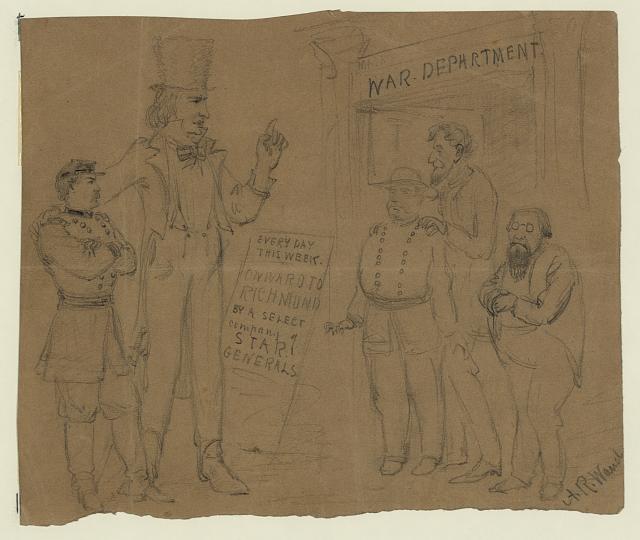 Cartoon showing Uncle Sam and General McClellan standing before a playbill which reads: Every day this week onward to Richmond by a select company of star generals (by Alfred R. waud, between 1861 and 1862 Winter; LOC: LC-DIG-ppmsca-20874)