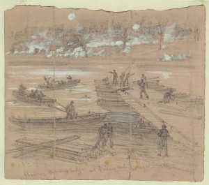 Building pontoon bridges at Fredericksburg Dec. 11th. (By Alfred R. Waud; LOC: LC-DIG-ppmsca-21209)