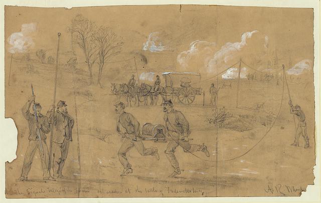 The signal telegraph train as used at the battle of Fredericksburg (by Alfred R. Waud, Harper's Weekly, January 24, 1863, p. 53; LOC: LC-DIG-ppmsca-21453)