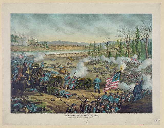 Battle of Stone River, Near Murfreesborough, Tenn.--Dec. 31, 62. Jan. 2-3, 1863--Union (Gen. Rosecrans) ... Conf. (Gen. Bragg) ... (Kurz & Allison, 1891; LOC: LC-DIG-pga-01858)