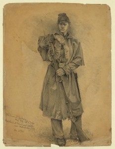 Study of infantry soldier on guard--William J. Jackson, Sergt. Maj. 12th N.Y. Vols.--Sketched at Stoneman's Switch, near Fredricksburg [sic], Va. Jan. 27th, 1863 (by Edwin Forbes, January  27, 1863; LOC: LC-DIG-ppmsca-20516)