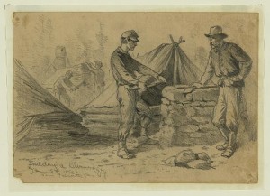 Building a chimney (by Edwin Forbes, near Falmouth, 1863 Jan. 15; LOC: LC-DIG-ppmsca-20525)