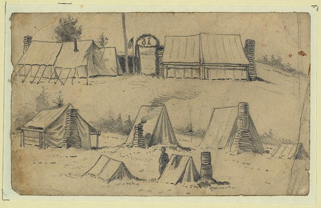 Winter camp of the 16th Michigan (by Edwin Forbes, nrear falmouth, 1863 Jan. 10; LOC: LC-DIG-ppmsca-20677)