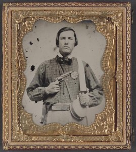 Private David C. Colbert of Company C, 46th Virginia Infantry Regiment, with secession badge, canteen, pistol, and Bowie knife (between 1861 and 1865; LOC: LC-DIG-ppmsca-32064)