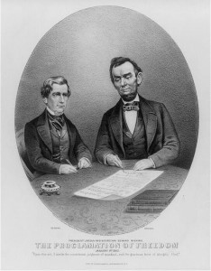 President Lincoln and Secretary Seward signing the Proclamation of Freedom: January 1st. 1863 (Published by Currier & Ives, c1865; LOC: LC-USZ62-40350)