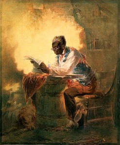  Black man reading newspaper by candlelight  Man reading a newspaper with headline, "Presidential Proclamation, Slavery," which refers to the Jan. 1863 Emancipation Proclamation (by Henry Louis Stephens, ca. 1863; LOC: CaLC-USZC4-2442)