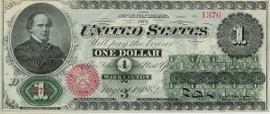 Obverse of the first $1 bill issued in 1862 as a legal tender note featuring Treasury Secretary Chase (US_$1_1862_Legal_Tender)