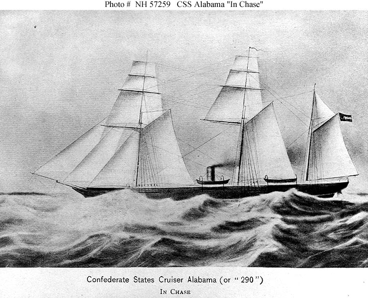 CSS Alabama (1862-1864) "In Chase" Halftone print copied from Arthur Sinclair's "Two Years on the Alabama", 2nd Edition, 1896. U.S. Naval Historical Center Photograph.