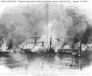 "Surprise and Capture of the United States Steamer 'Harriet Lane', by the Confederates, under General Magruder, and the Destruction of the Flagship 'Westfield' in Galveston Harbor, Texas, January 1st, 1863." (U.S. Naval Historical Center Photograph; http://www.history.navy.mil/photos/sh-usn/usnsh-h/har-ln-k.htm)
