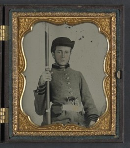 Private Peter Lauck Kurtz of Company A, 5th Virginia Infantry Regiment, in uniform with musket and revolver (between 1861 and 1865; LOC: LC-DIG-ppmsca-32596)