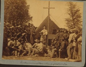 Sunday morning mass in camp of 69th N.Y.S.M. (photographed 1861, printed later; LOC: LC-USZC4-7964)