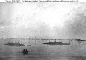 Confederate ironclads Chicora and Palmetto State (Nineteenth-Century photograph of a painting by Conrad Wise Chapman, depicting the ships in Charleston harbor, South Carolina, during the Civil War; U.S. Naval Historical Center Photograph.)