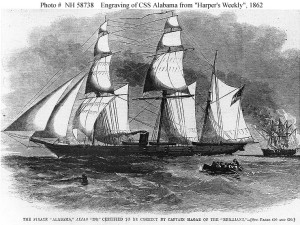 "The Pirate 'Alabama,' Alias '290,' Certified to be correct by Captain Hagar of the 'Brilliant'"  Line engraving published in "Harper's Weekly", 1862, depicting CSS Alabama burning a prize.  U.S. Naval Historical Center Photograph.