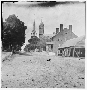 Fredericksburg, Virginia. St. Georges Episcopal church and Court House (1864 May 19 or 20; LOC: LC-DIG-cwpb-01613)