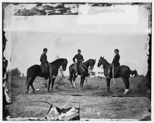 Falmouth, Va. Aides de camp to Gen. Joseph Hooker: Capts. William L. Candler, Harry Russell, and Alexander Moore (by Timothy H. o'Sullivan,  1863 April; LOC: LC-DIG-cwpb-04042)