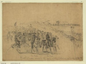 President Lincoln reviewing the Army of the Potomac on Monday, April 6, 1863 (by edwin Forbes, 1863 Apr. 6;  LOC: LC-DIG-ppmsca-19523)