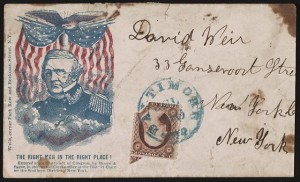 Civil War envelope showing portrait of Lieutenant General Winfield Scott in front of eagle and American flag banner with message "The right man in the right place!" (Wells, corner Park Row and Beekman Street, c1861.; LOC: LC-DIG-ppmsca-34625)